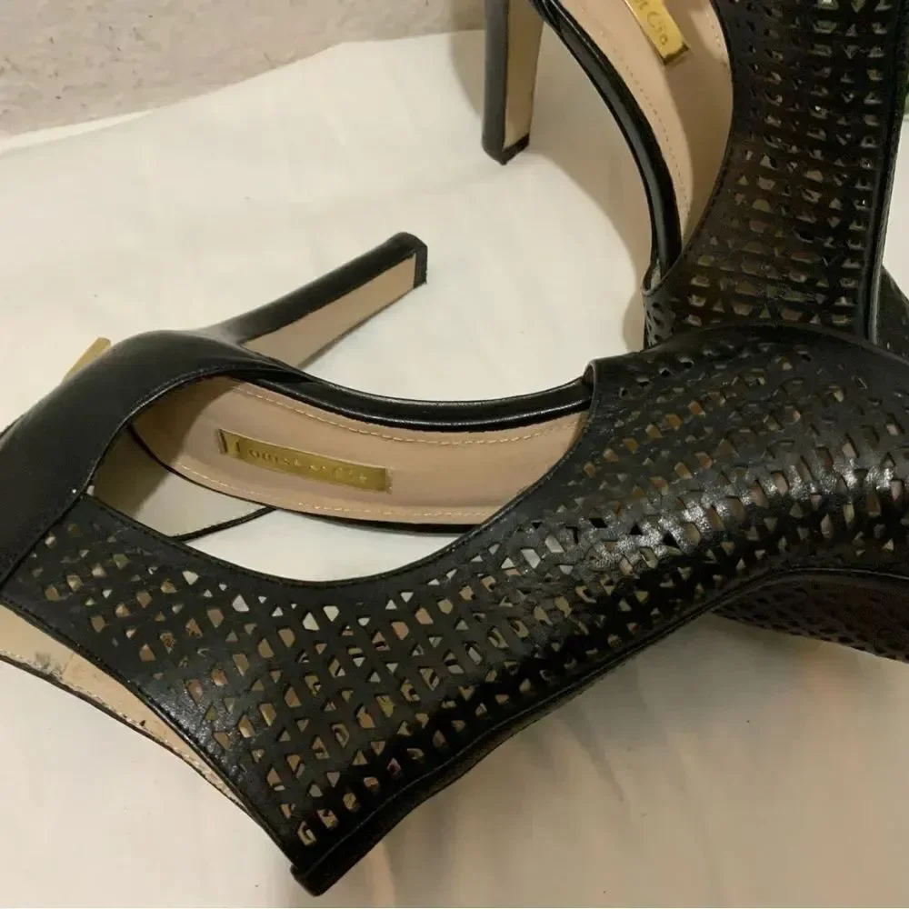 Louise et Cie Women's Black Heels Size 8 Leather Olivia Cut Out Open Toe Peep